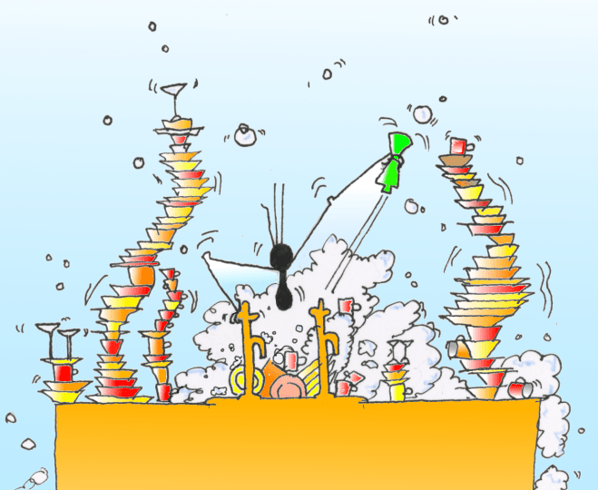 Outsect behind soap bubbles at the kitchen sink